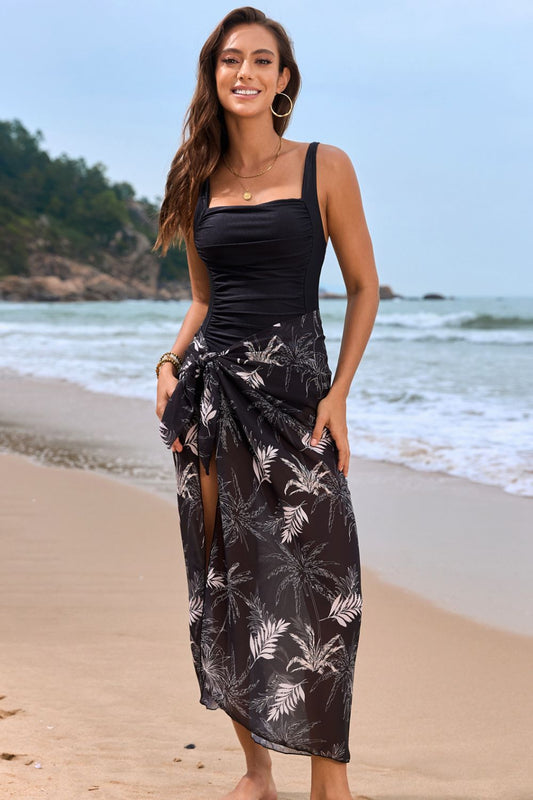 Square Neck Printed One - Piece Swimwear and Cover Up Swim Set - Chaelisa's New Jammies