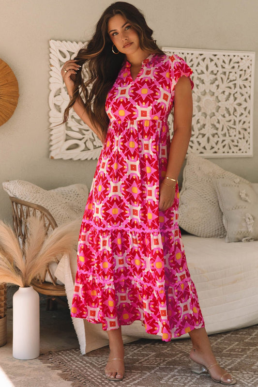 Strawberry Pink Geo Print V - neck Maxi Dress - Chaelisa's New Jammies