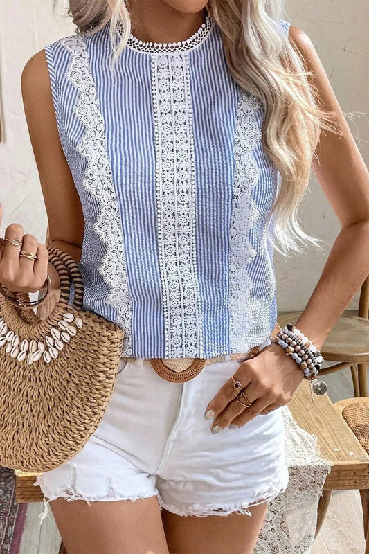 Stripe Lace Patchwork Crew Neck Sleeveless Top - Chaelisa's New Jammies
