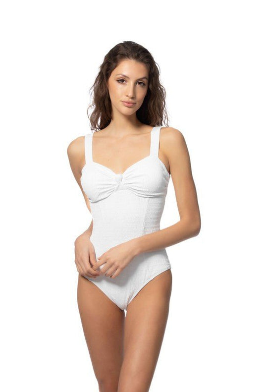 TEXTURED SOLID ONE PIECE SWIMSUIT WITH KNOT FRONT - Chaelisa's New Jammies