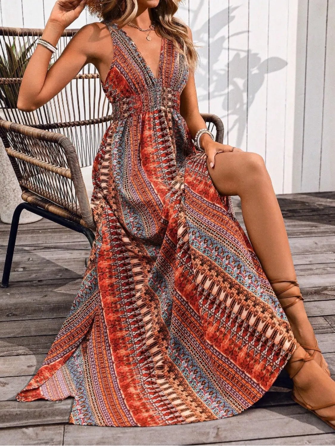Tied Back Printed Sleeveless Maxi Slit Dress - Chaelisa's New Jammies
