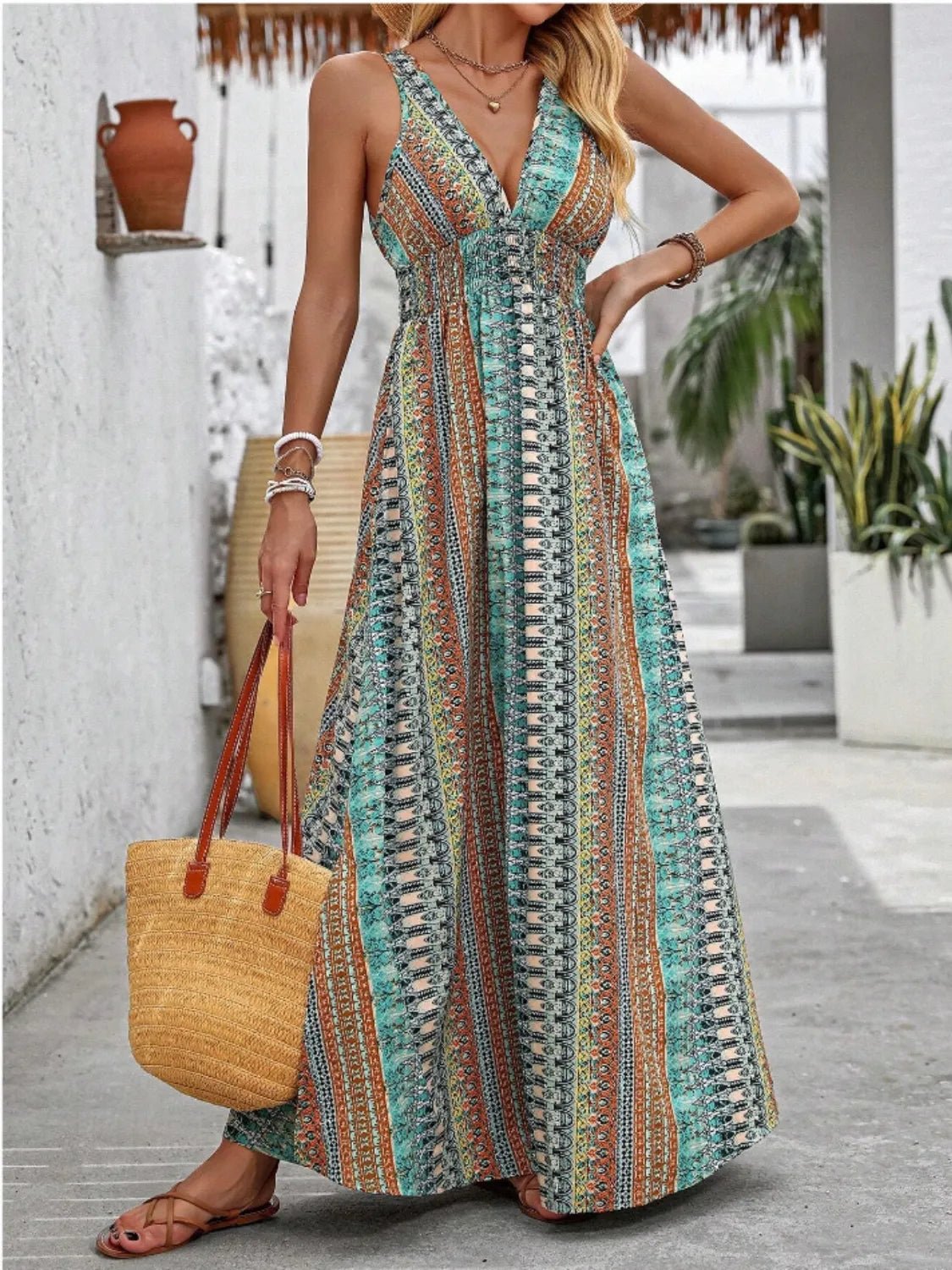 Tied Back Printed Sleeveless Maxi Slit Dress - Chaelisa's New Jammies