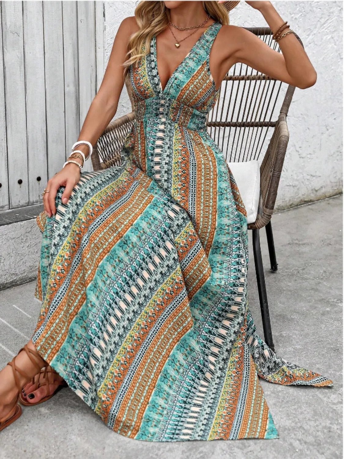 Tied Back Printed Sleeveless Maxi Slit Dress - Chaelisa's New Jammies