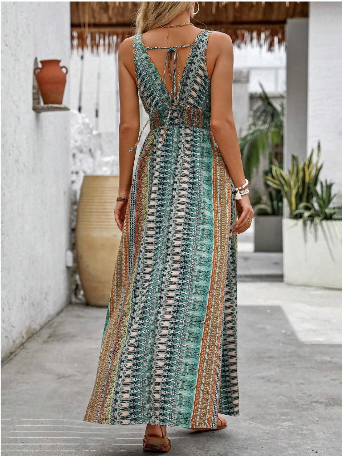 Tied Back Printed Sleeveless Maxi Slit Dress - Chaelisa's New Jammies