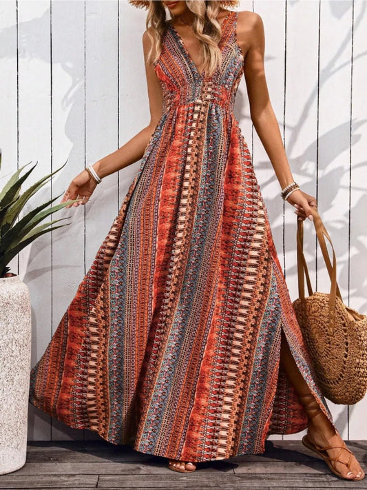 Tied Back Printed Sleeveless Maxi Slit Dress - Chaelisa's New Jammies