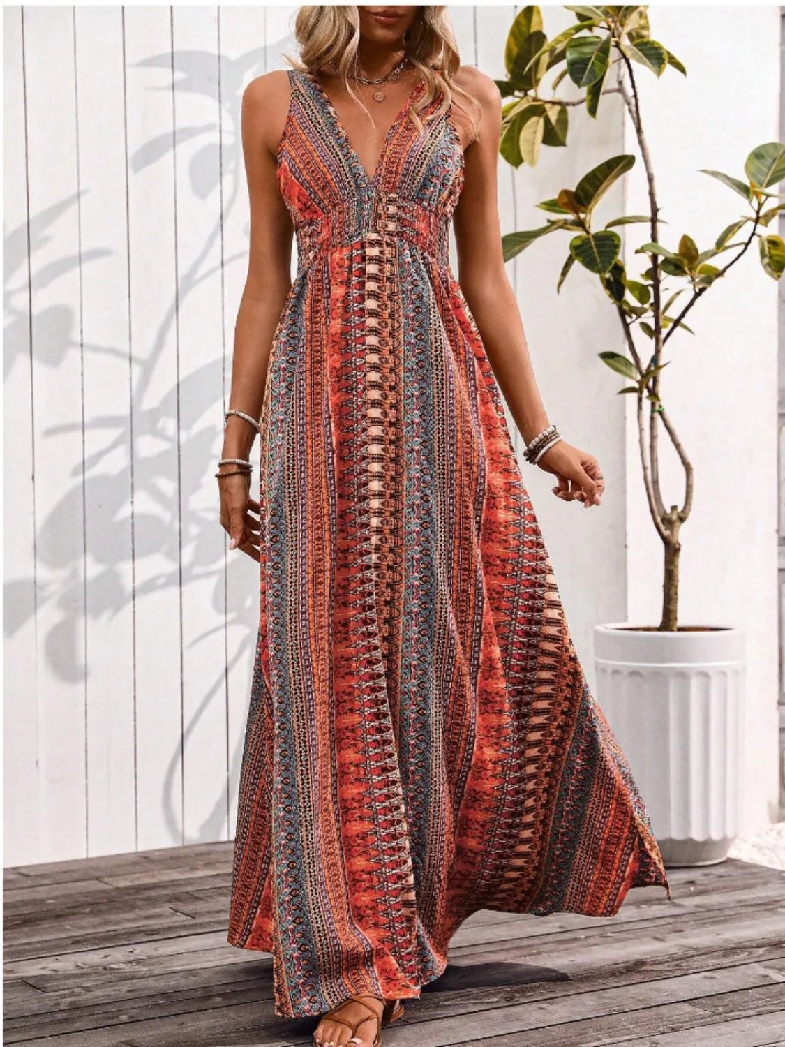 Tied Back Printed Sleeveless Maxi Slit Dress - Chaelisa's New Jammies