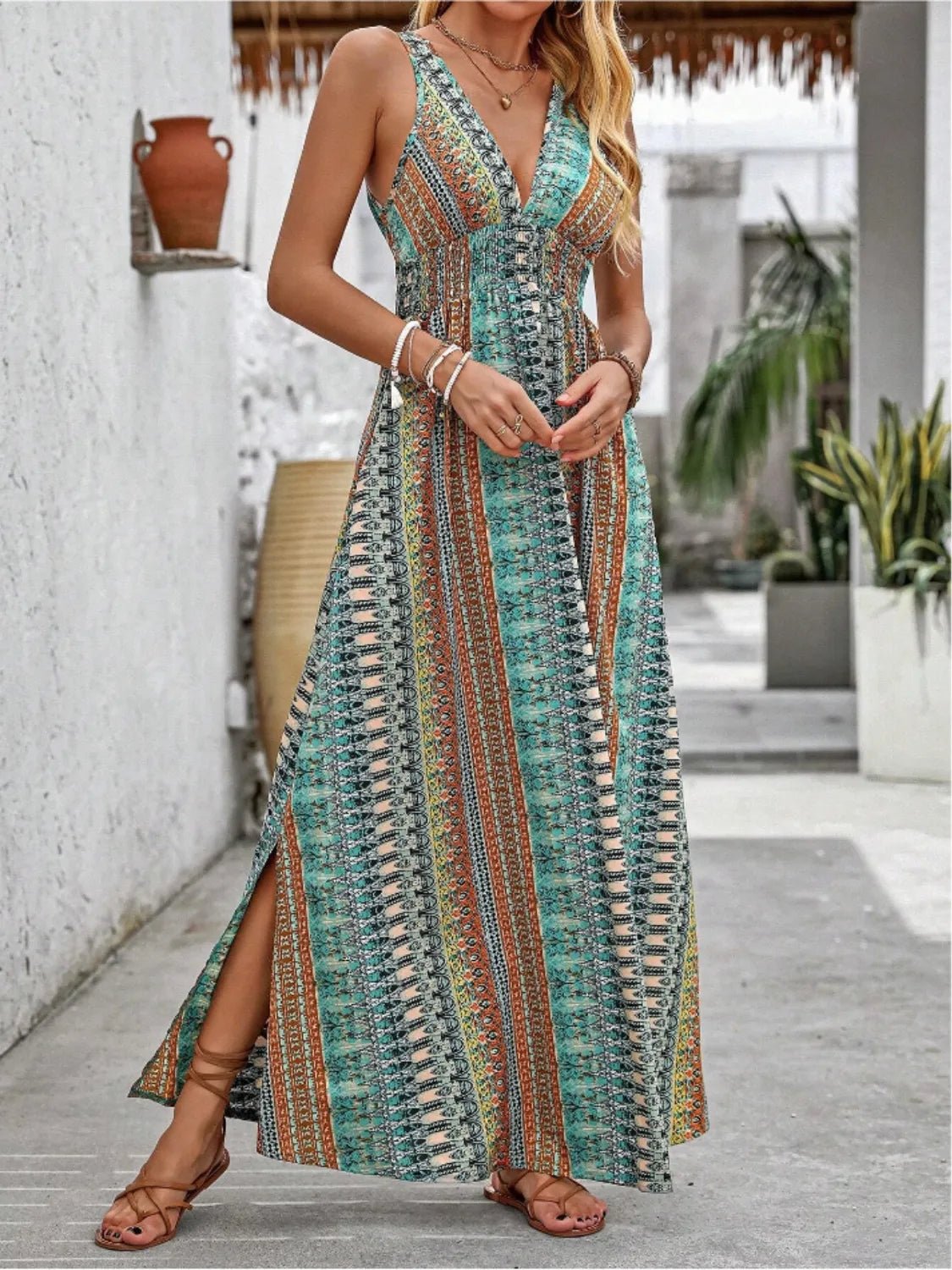 Tied Back Printed Sleeveless Maxi Slit Dress - Chaelisa's New Jammies