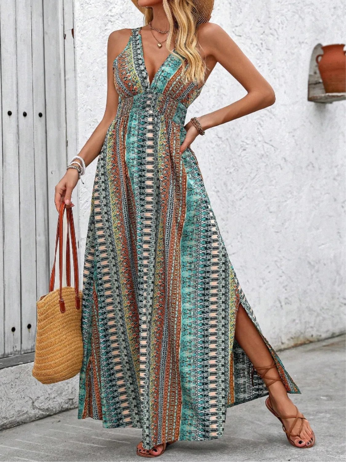Tied Back Printed Sleeveless Maxi Slit Dress - Chaelisa's New Jammies