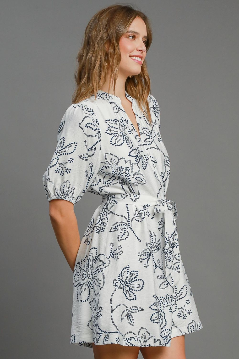Umgee Full Size Floral Print Notched Puff Sleeve Mini Dress Plus Size - Chaelisa's New Jammies