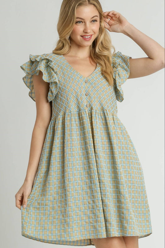 Umgee Full Size Plaid V - Neck Ruffle Cap Sleeve Dress Plus Size - Chaelisa's New Jammies