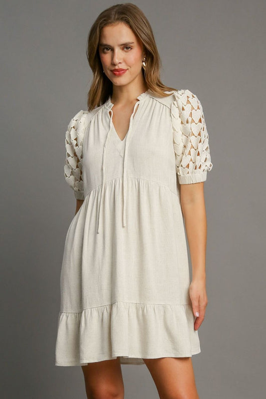 Umgee Full Size Ruffled Hem Heart Lace Sleeve Tie Neck Dress Plus Size - Chaelisa's New Jammies