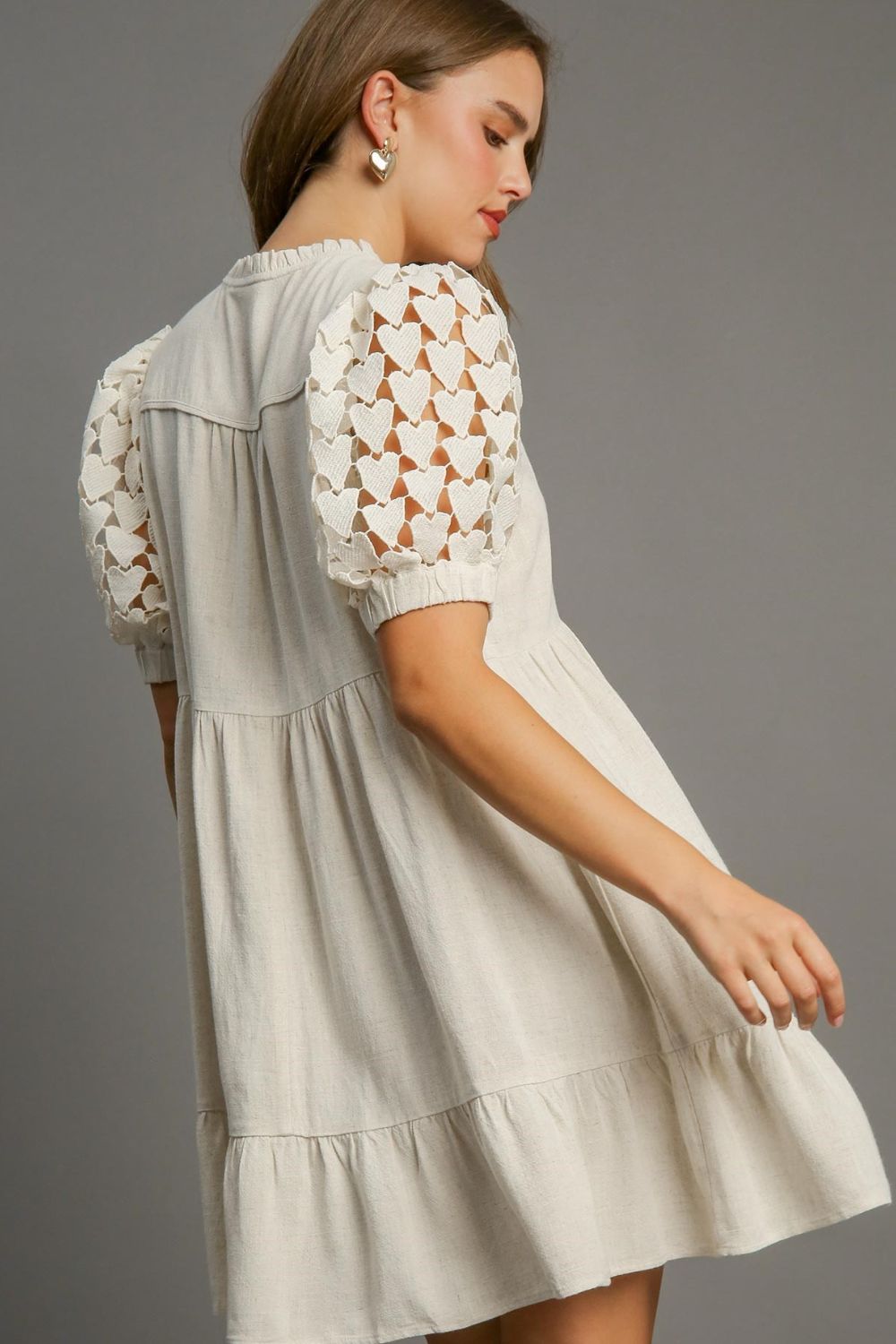 Umgee Full Size Ruffled Hem Heart Lace Sleeve Tie Neck Dress Plus Size - Chaelisa's New Jammies