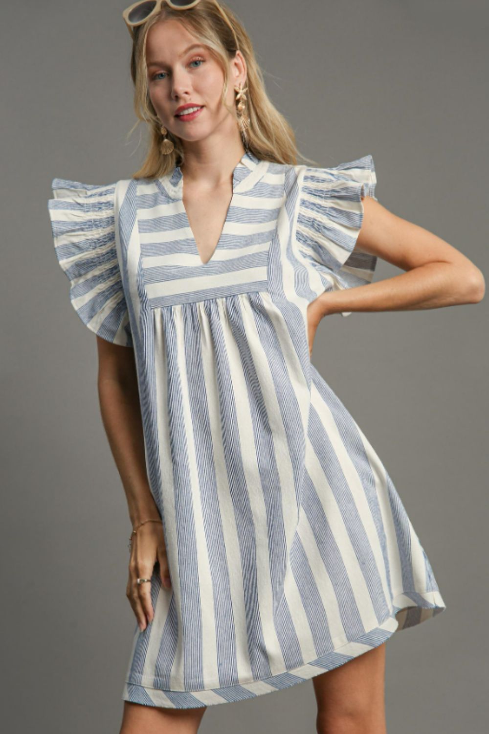 Umgee Full Size Striped Notched Ruffled Cap Sleeve Mini Dress Plus Size - Chaelisa's New Jammies
