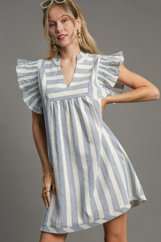 Umgee Full Size Striped Notched Ruffled Cap Sleeve Mini Dress Plus Size - Chaelisa's New Jammies