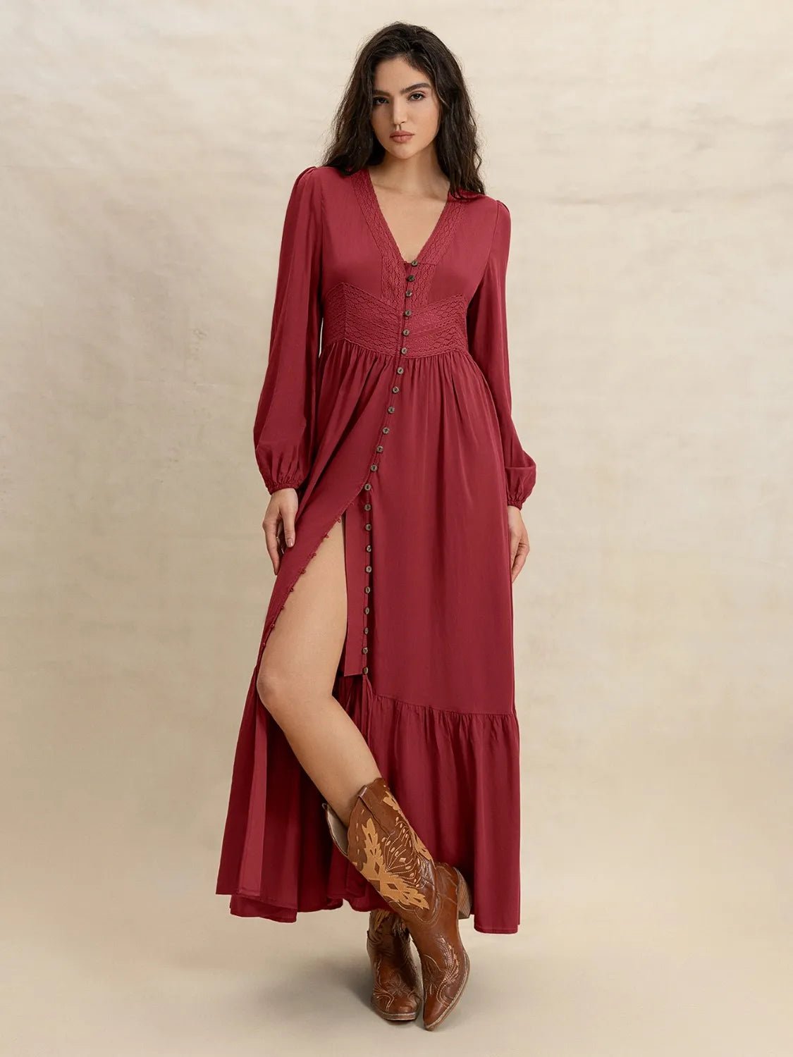 V - Neck Balloon Sleeve Ruffled Hem Maxi Dress - Chaelisa's New Jammies