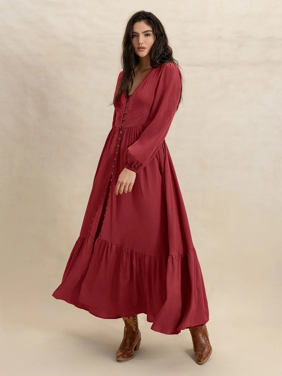 V - Neck Balloon Sleeve Ruffled Hem Maxi Dress - Chaelisa's New Jammies