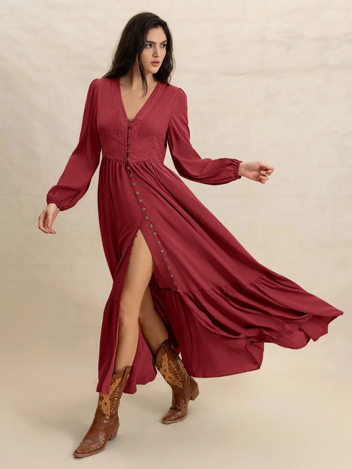 V - Neck Balloon Sleeve Ruffled Hem Maxi Dress - Chaelisa's New Jammies