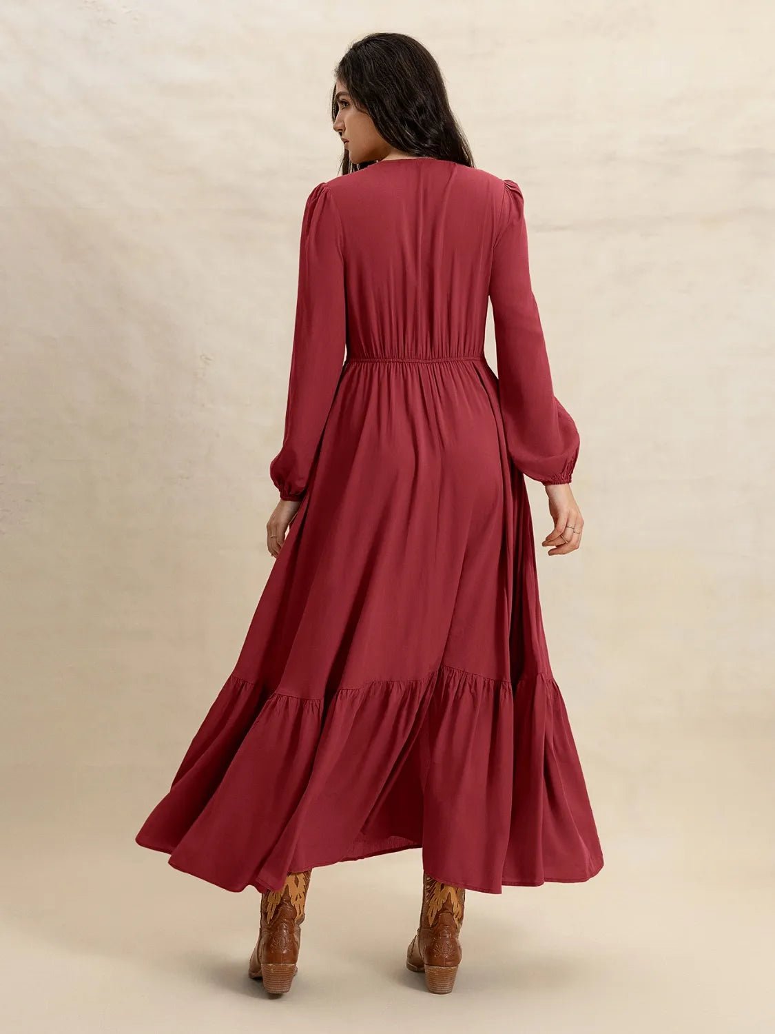 V - Neck Balloon Sleeve Ruffled Hem Maxi Dress - Chaelisa's New Jammies