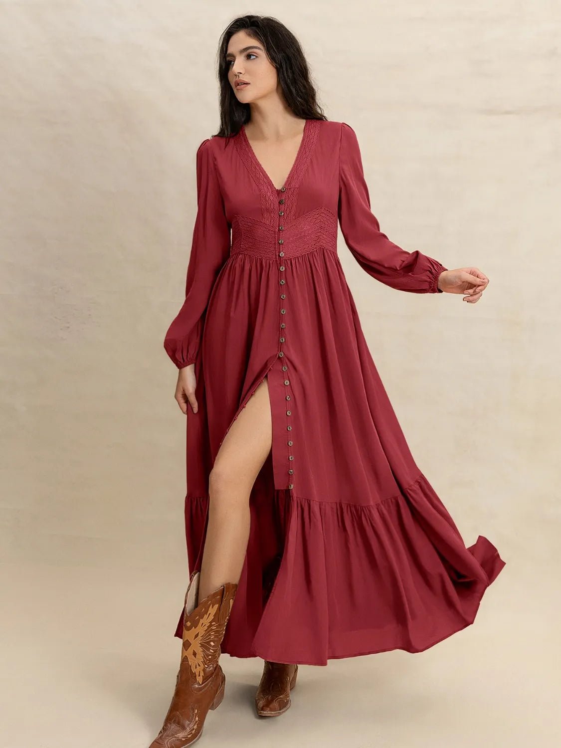 V - Neck Balloon Sleeve Ruffled Hem Maxi Dress - Chaelisa's New Jammies