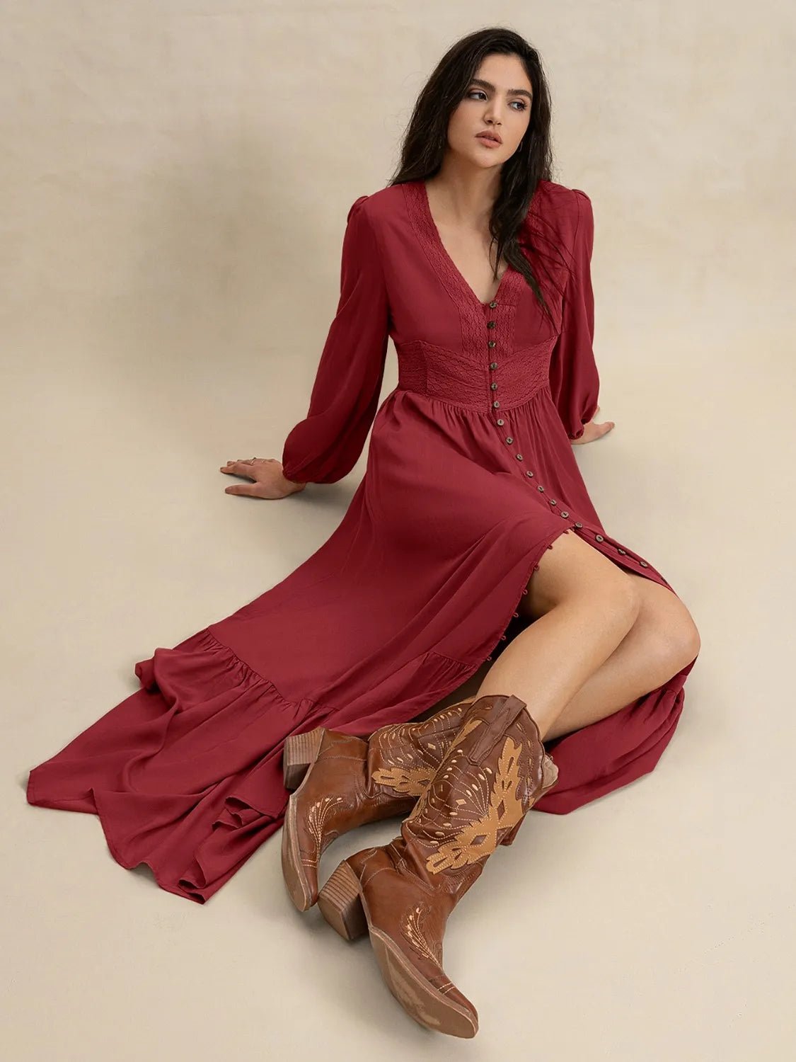 V - Neck Balloon Sleeve Ruffled Hem Maxi Dress - Chaelisa's New Jammies
