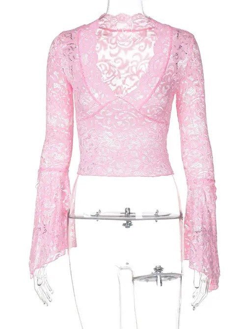 V Neck Floral Lace Tops Bell Long Sleeve - Chaelisa's New Jammies