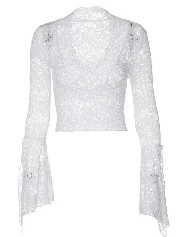 V Neck Floral Lace Tops Bell Long Sleeve - Chaelisa's New Jammies