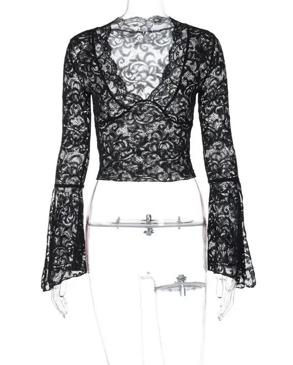 V Neck Floral Lace Tops Bell Long Sleeve - Chaelisa's New Jammies