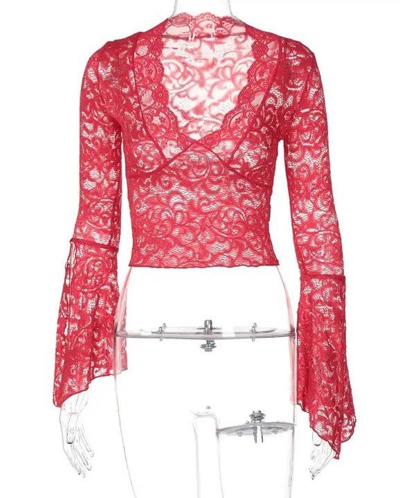 V Neck Floral Lace Tops Bell Long Sleeve - Chaelisa's New Jammies