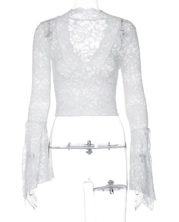 V Neck Floral Lace Tops Bell Long Sleeve - Chaelisa's New Jammies