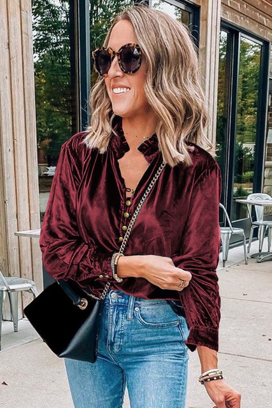 Velvet Button Frilled Neck Blouse Top - Chaelisa's New Jammies