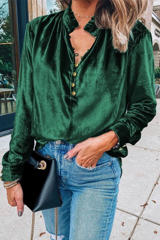 Velvet Button Frilled Neck Blouse Top - Chaelisa's New Jammies