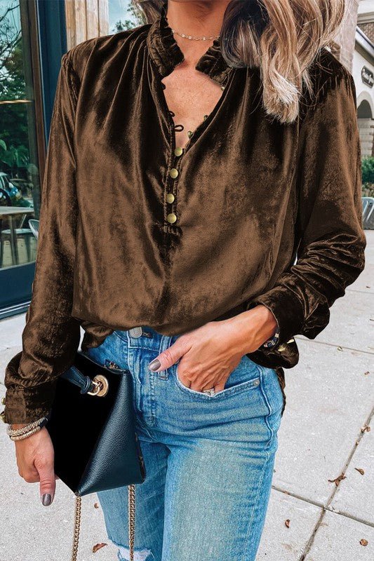 Velvet Button Frilled Neck Blouse Top - Chaelisa's New Jammies