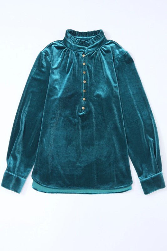 Velvet Button Frilled Neck Blouse Top - Chaelisa's New Jammies