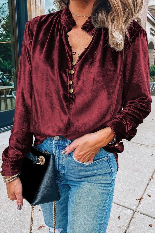 Velvet Button Frilled Neck Blouse Top - Chaelisa's New Jammies