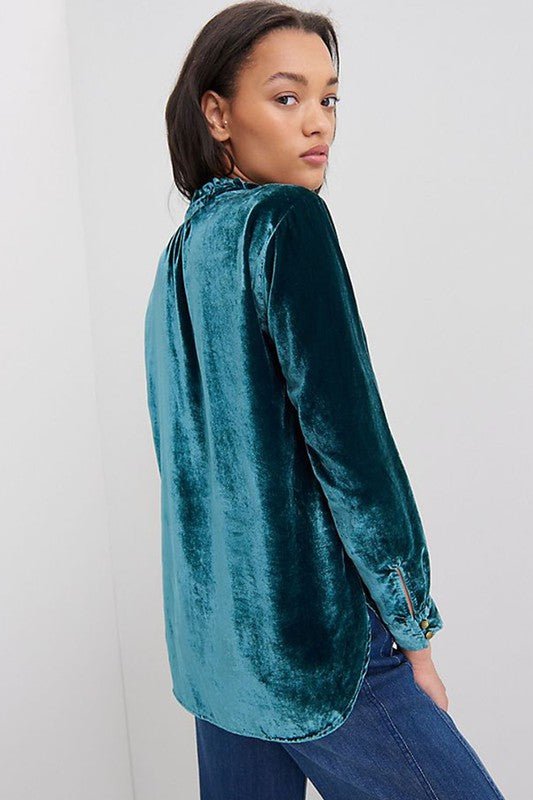 Velvet Button Frilled Neck Blouse Top - Chaelisa's New Jammies