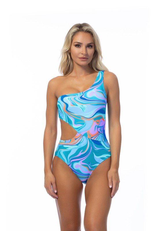 WAVE PRINTED ONE SHOULDER ONE PIECE SWIMSUIT - Chaelisa's New Jammies