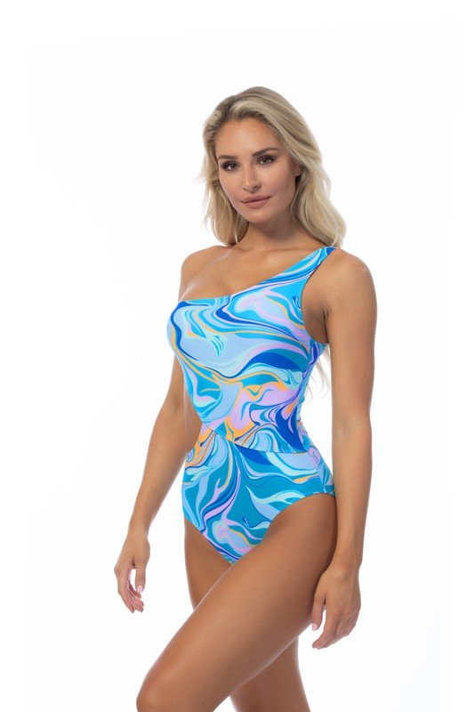 WAVE PRINTED ONE SHOULDER ONE PIECE SWIMSUIT - Chaelisa's New Jammies