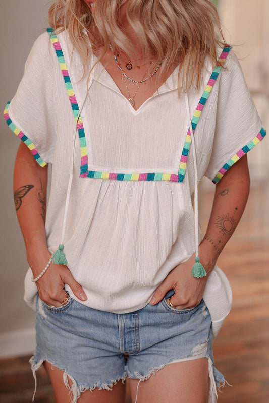 White Colorful Fringed Detail Tassel Tie Neck Short Sleeve Blouse - Chaelisa's New Jammies