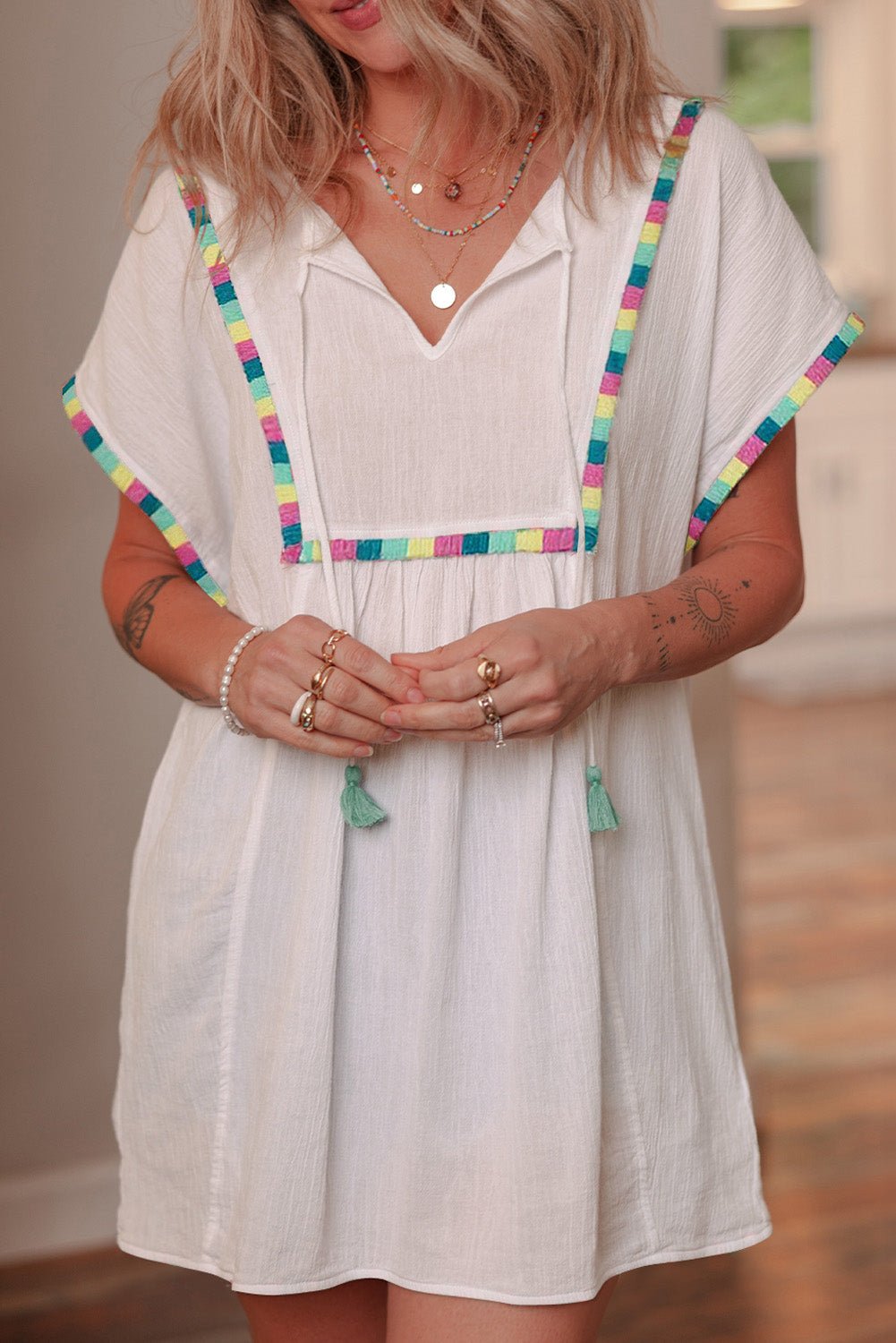 White Colorful Fringed Detail Tassel Tie Neck Short Sleeve Blouse - Chaelisa's New Jammies