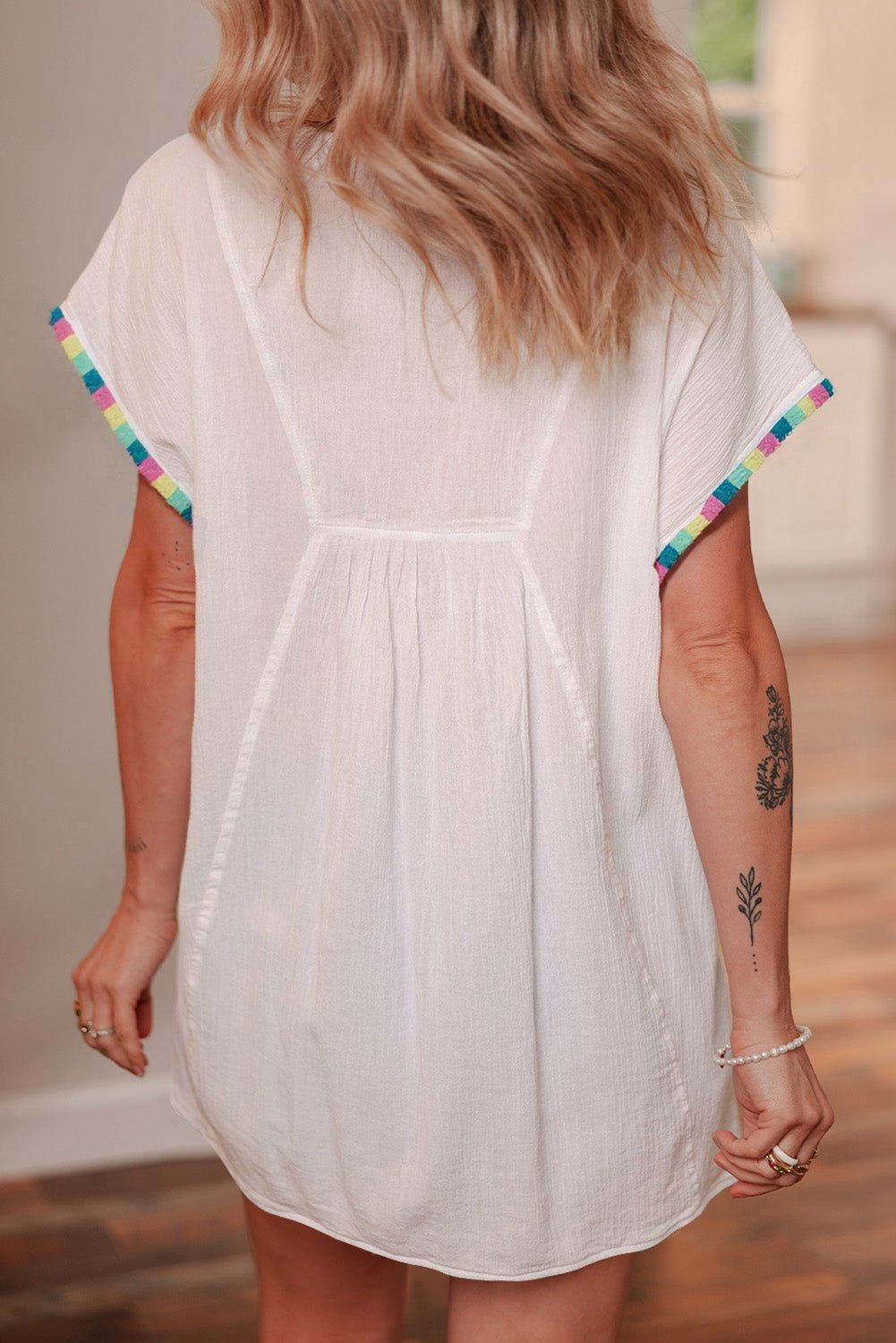 White Colorful Fringed Detail Tassel Tie Neck Short Sleeve Blouse - Chaelisa's New Jammies