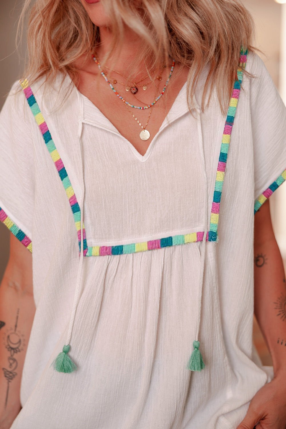 White Colorful Fringed Detail Tassel Tie Neck Short Sleeve Blouse - Chaelisa's New Jammies
