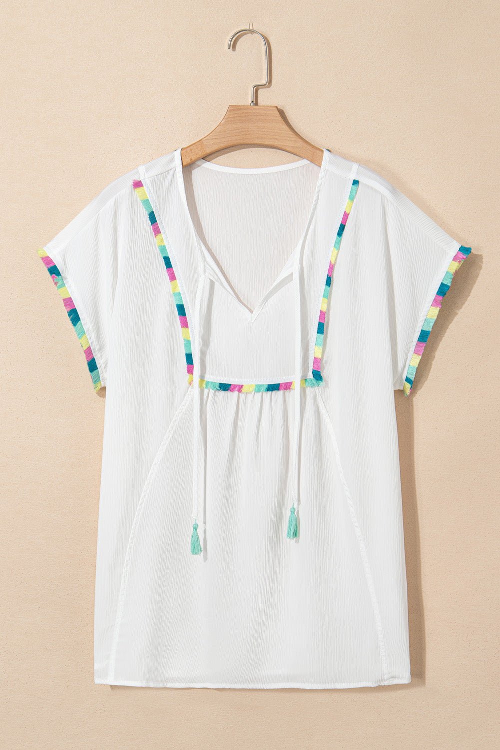 White Colorful Fringed Detail Tassel Tie Neck Short Sleeve Blouse - Chaelisa's New Jammies