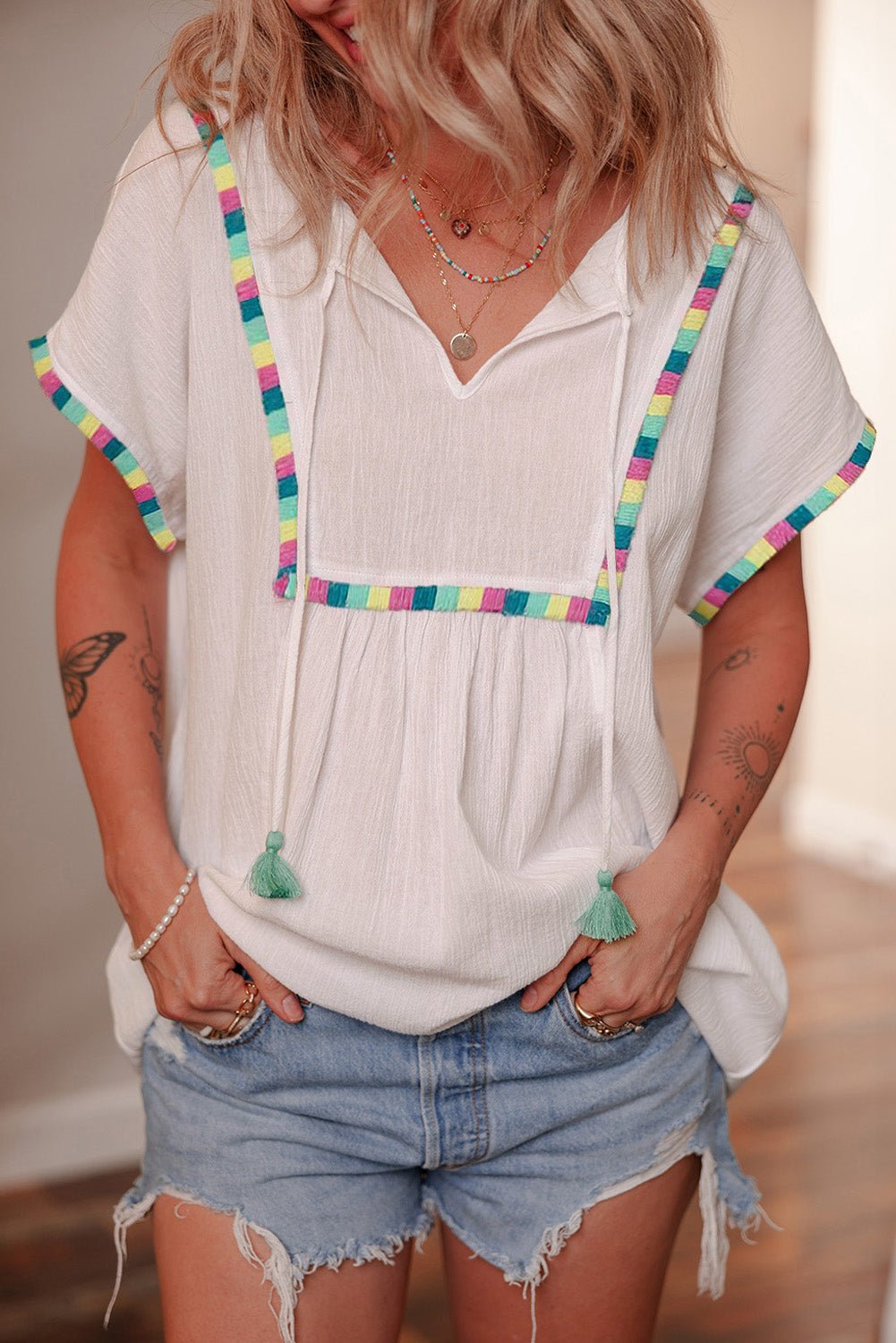 White Colorful Fringed Detail Tassel Tie Neck Short Sleeve Blouse - Chaelisa's New Jammies
