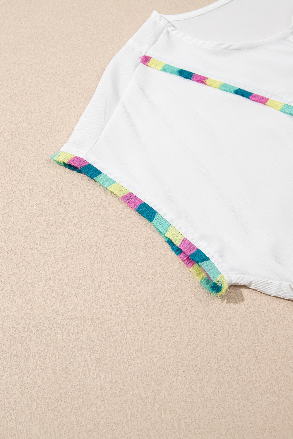 White Colorful Fringed Detail Tassel Tie Neck Short Sleeve Blouse - Chaelisa's New Jammies