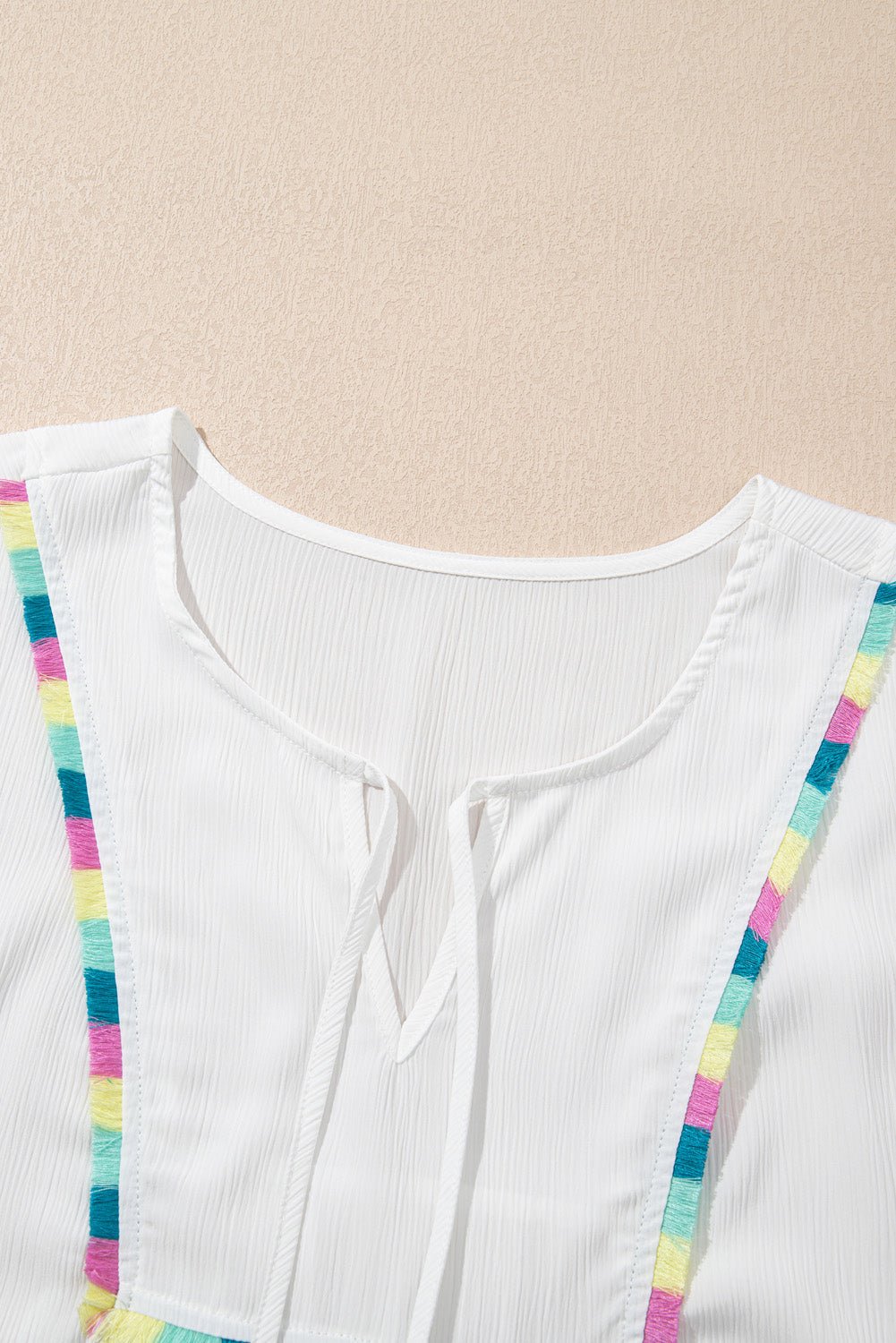 White Colorful Fringed Detail Tassel Tie Neck Short Sleeve Blouse - Chaelisa's New Jammies