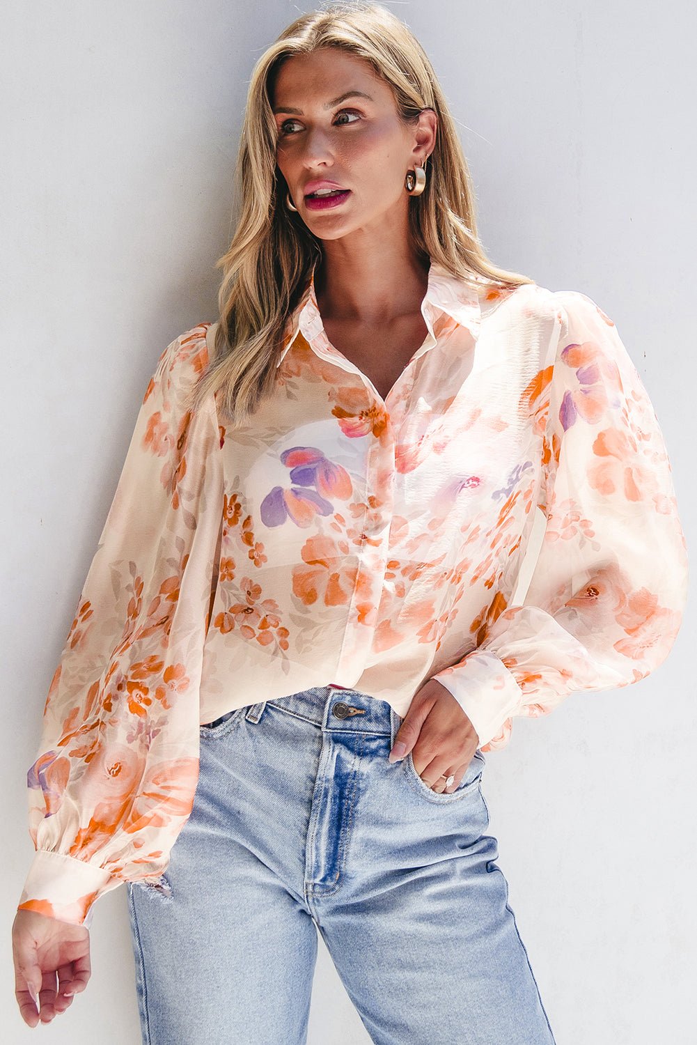White Floral Print Collared Balloon Sleeve Loose Shirt - Chaelisa's New Jammies
