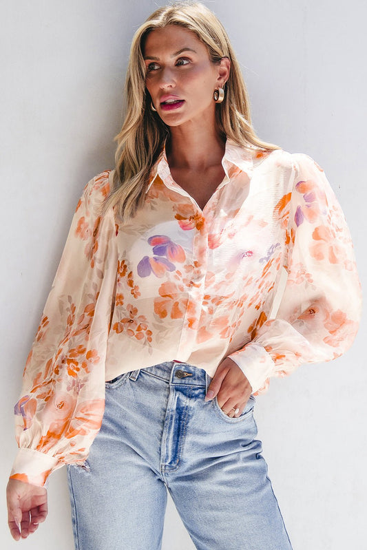 White Floral Print Collared Balloon Sleeve Loose Shirt - Chaelisa's New Jammies