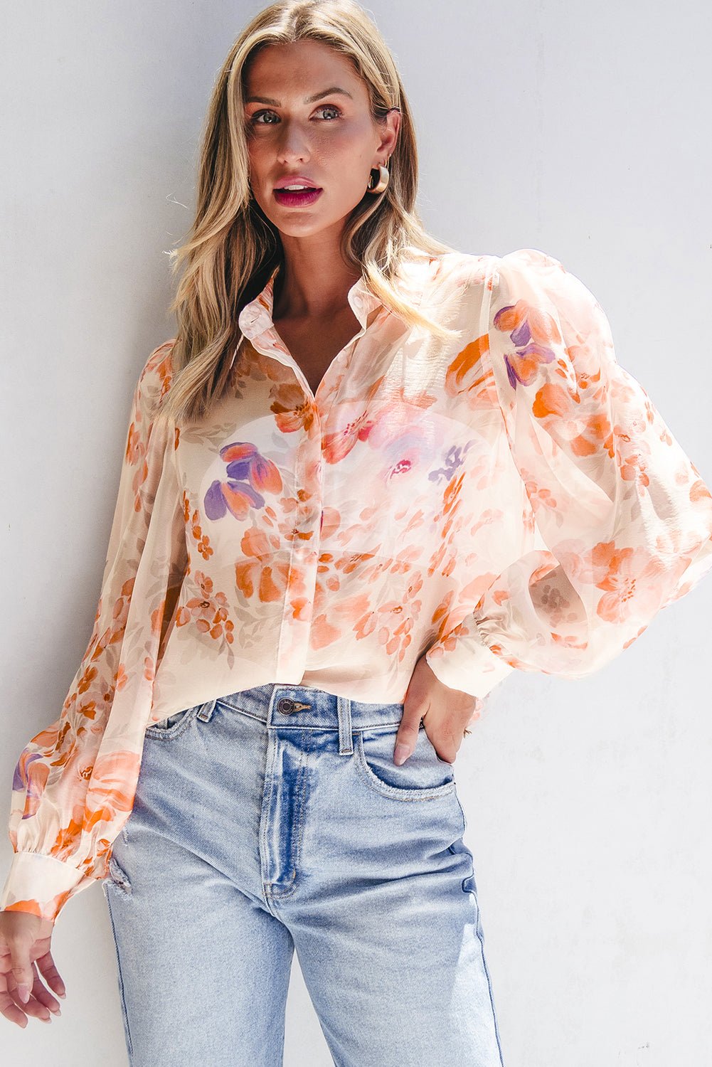 White Floral Print Collared Balloon Sleeve Loose Shirt - Chaelisa's New Jammies