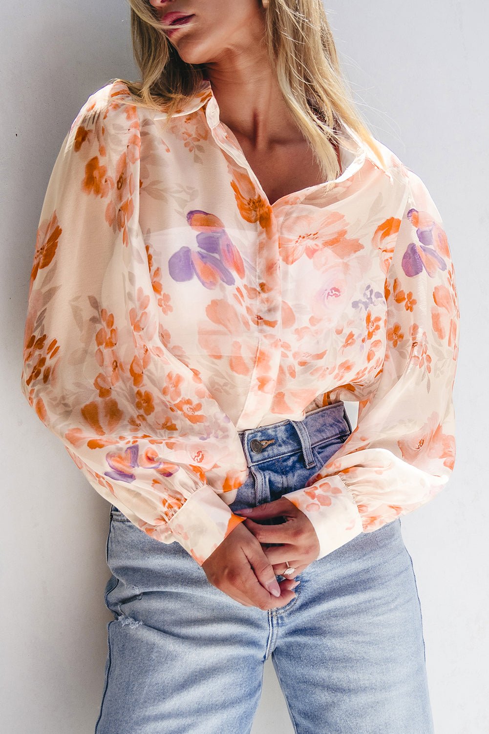 White Floral Print Collared Balloon Sleeve Loose Shirt - Chaelisa's New Jammies