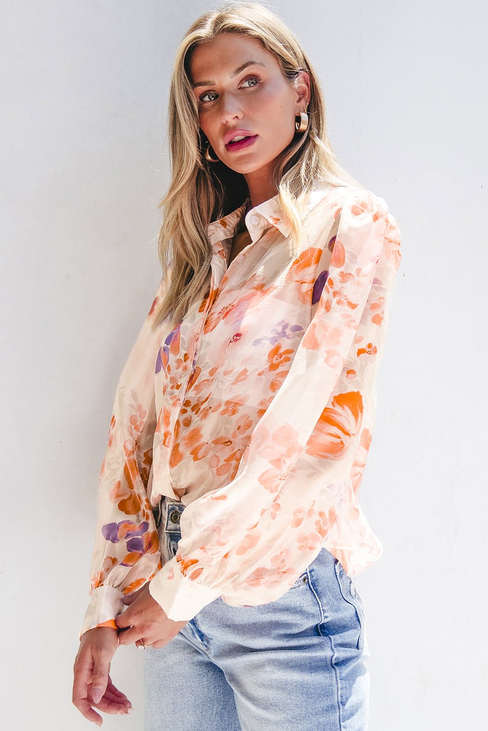 White Floral Print Collared Balloon Sleeve Loose Shirt - Chaelisa's New Jammies